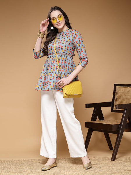 Indibelle Cotton Blue Floral Print Peplum Top