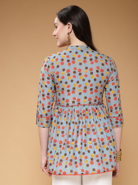 Indibelle Cotton Blue Floral Print Peplum Top