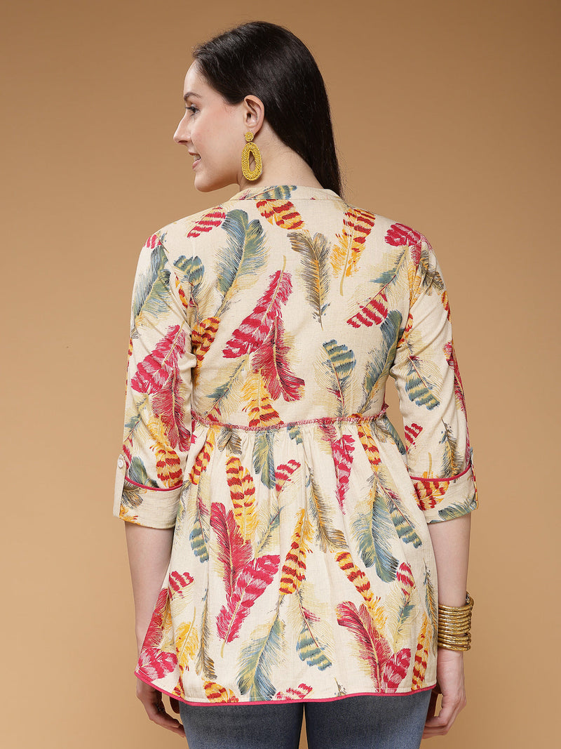 Indibelle Cotton Off White Feather Print Peplum Top