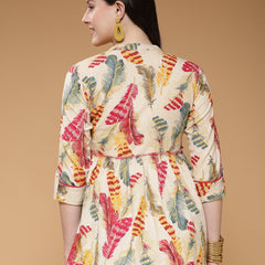 Indibelle Cotton Off White Feather Print Peplum Top
