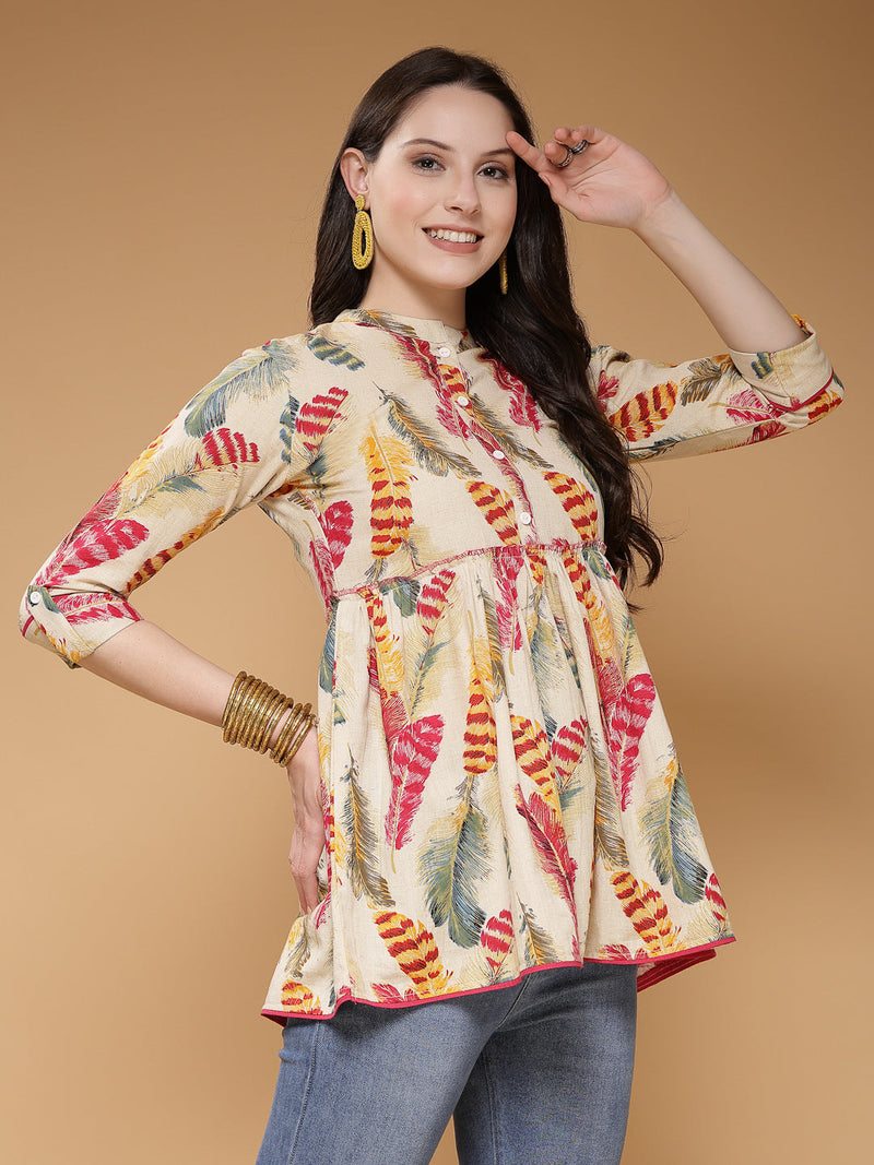 Indibelle Cotton Off White Feather Print Peplum Top