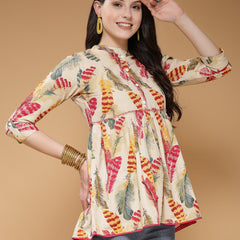 Indibelle Cotton Off White Feather Print Peplum Top