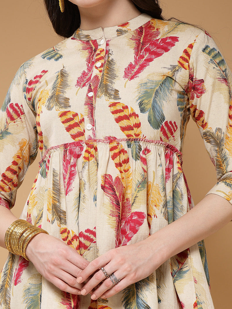 Indibelle Cotton Off White Feather Print Peplum Top