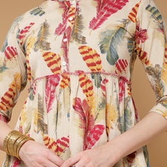 Indibelle Cotton Off White Feather Print Peplum Top