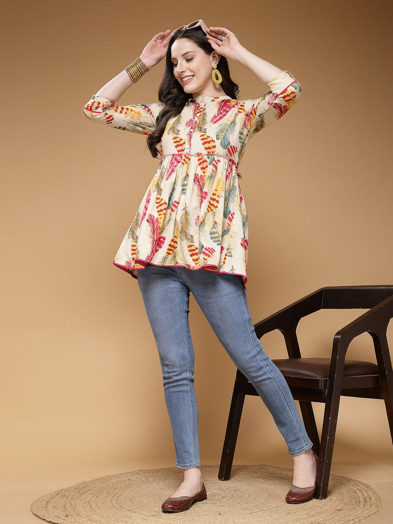 Indibelle Cotton Off White Feather Print Peplum Top