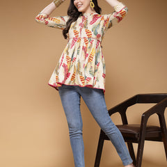 Indibelle Cotton Off White Feather Print Peplum Top