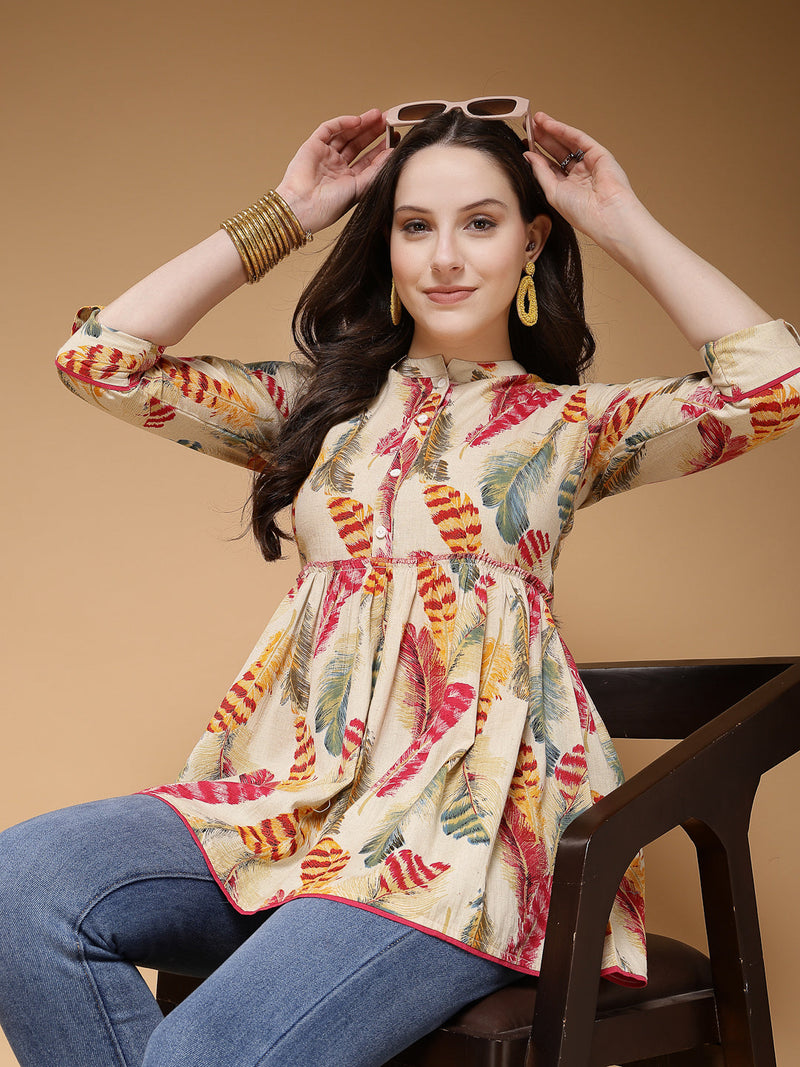 Indibelle Cotton Off White Feather Print Peplum Top