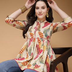 Indibelle Cotton Off White Feather Print Peplum Top
