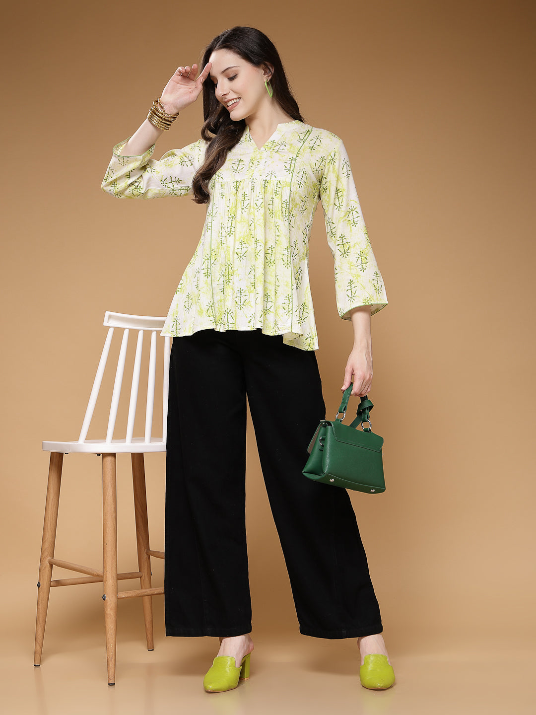 Indibelle Rayon Green Abstract Print A-Line Top