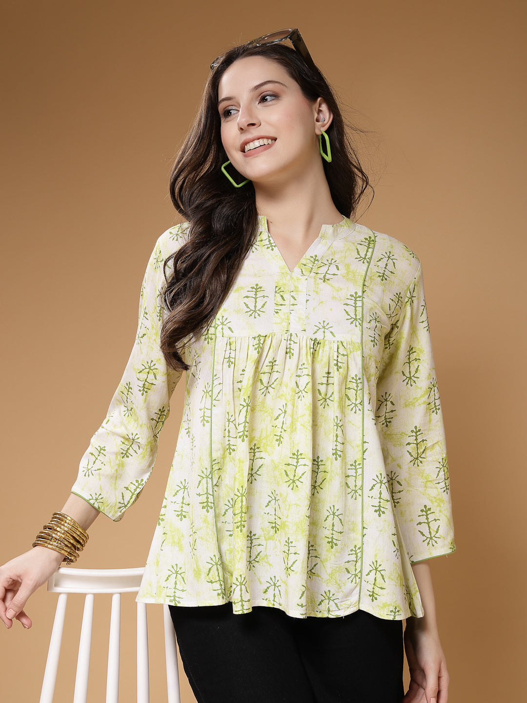 Indibelle Rayon Green Abstract Print A-Line Top