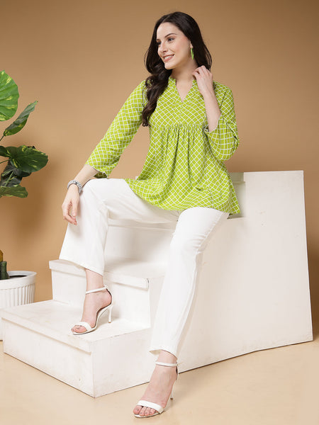 Indibelle Rayon Green Checked Print A-Line Top