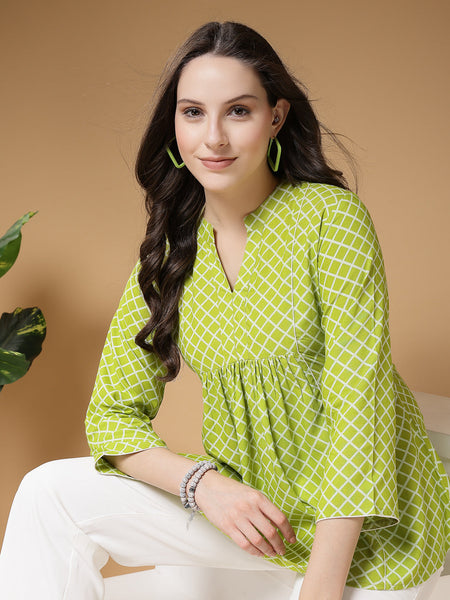 Indibelle Rayon Green Checked Print A-Line Top