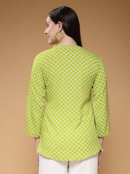 Indibelle Rayon Green Checked Print A-Line Top
