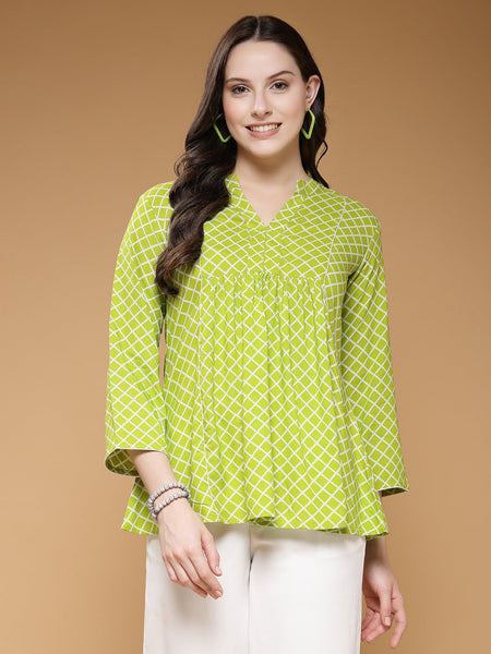 Indibelle Rayon Green Checked Print A-Line Top