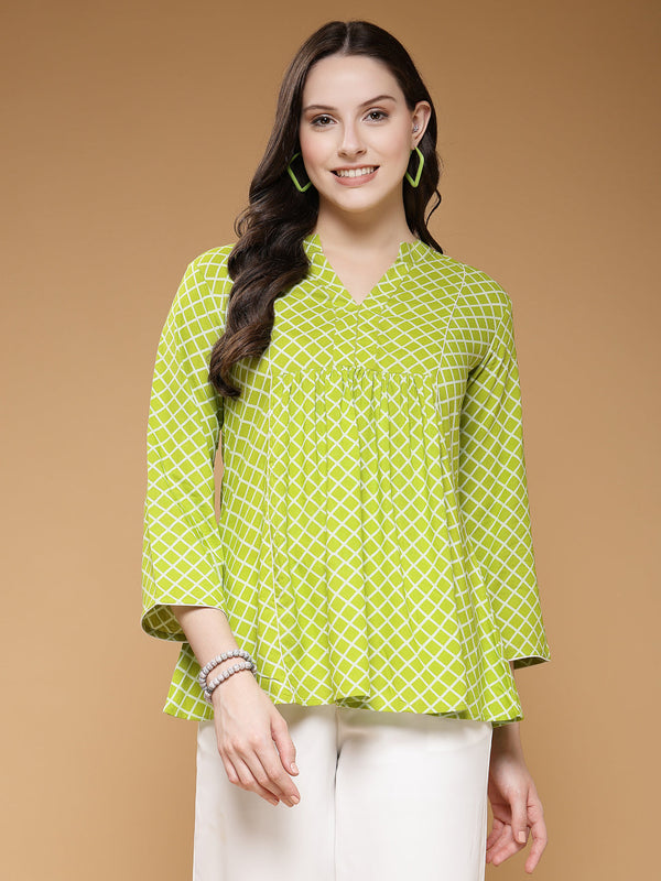 Indibelle Rayon Green Checked Print A-Line Top