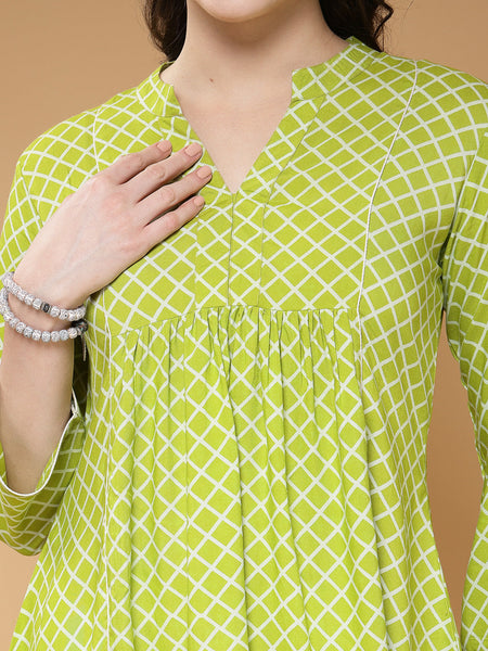 Indibelle Rayon Green Checked Print A-Line Top