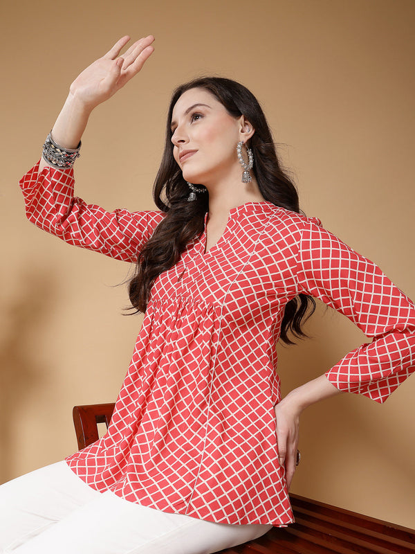 Indibelle Rayon Pink Checked Print A-Line Top