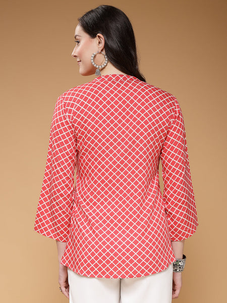 Indibelle Rayon Pink Checked Print A-Line Top