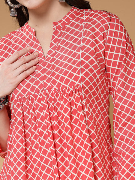 Indibelle Rayon Pink Checked Print A-Line Top
