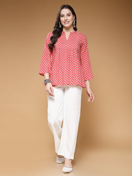 Indibelle Rayon Pink Checked Print A-Line Top