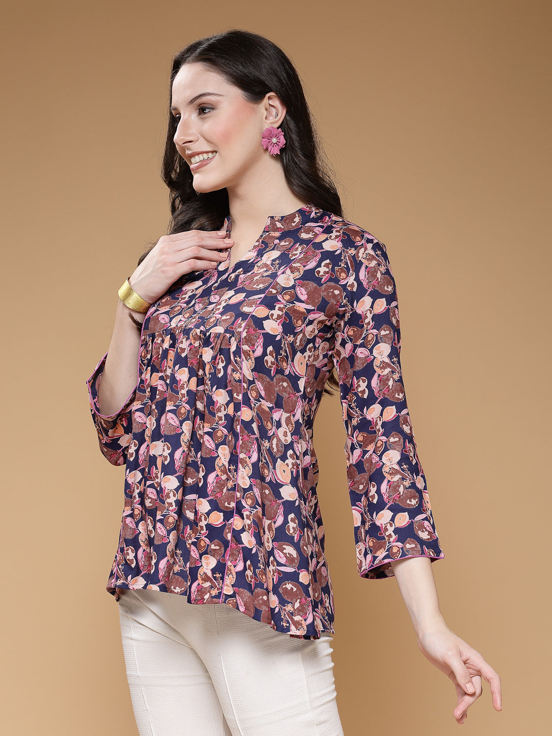 Indibelle Rayon Blue Floral Print A-Line Top