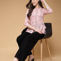 Indibelle Cotton Pink Abstract Print A-Line Top