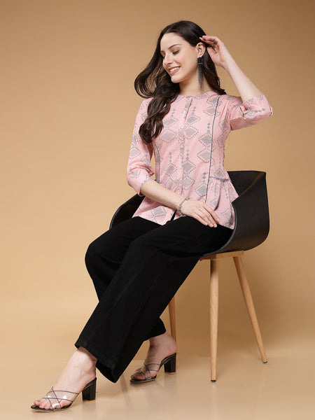 Indibelle Cotton Pink Abstract Print A-Line Top