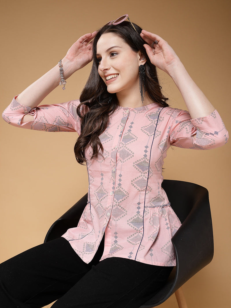 Indibelle Cotton Pink Abstract Print A-Line Top