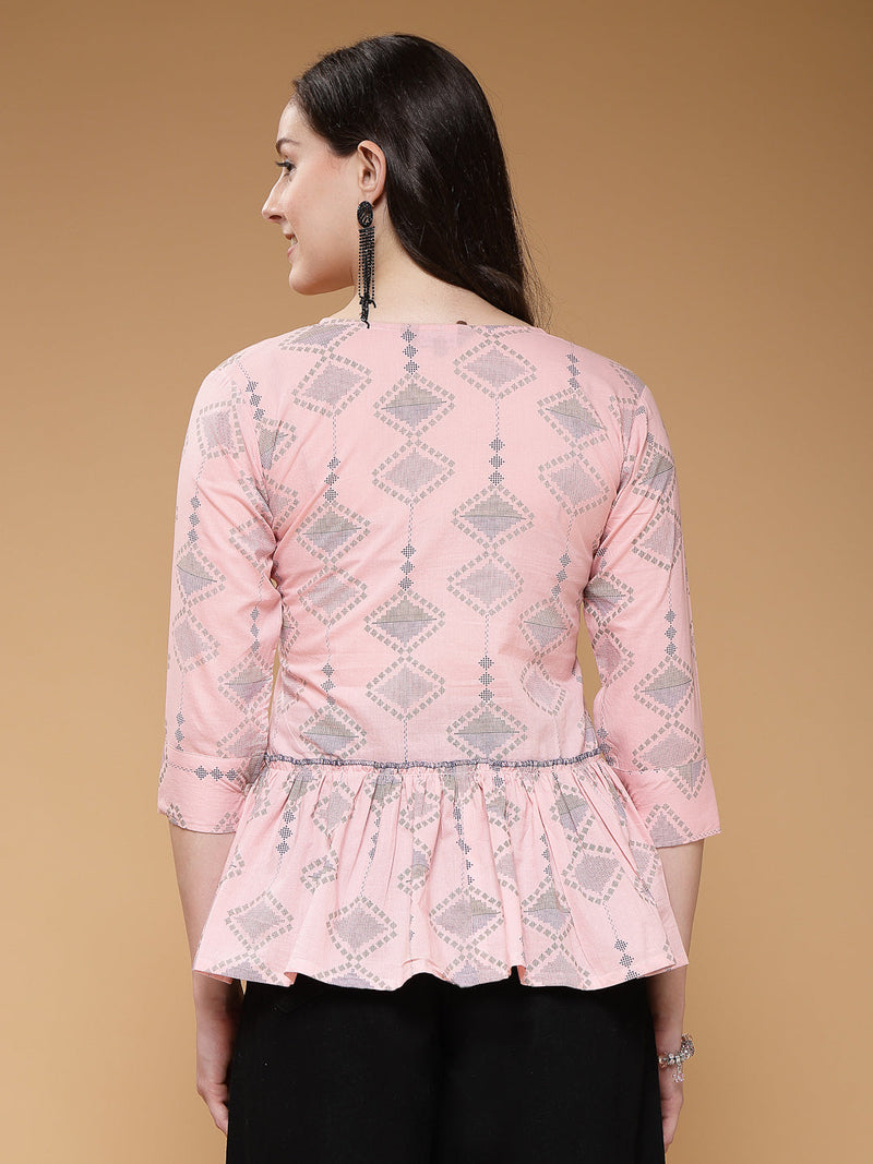 Indibelle Cotton Pink Abstract Print A-Line Top