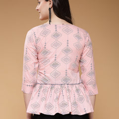 Indibelle Cotton Pink Abstract Print A-Line Top