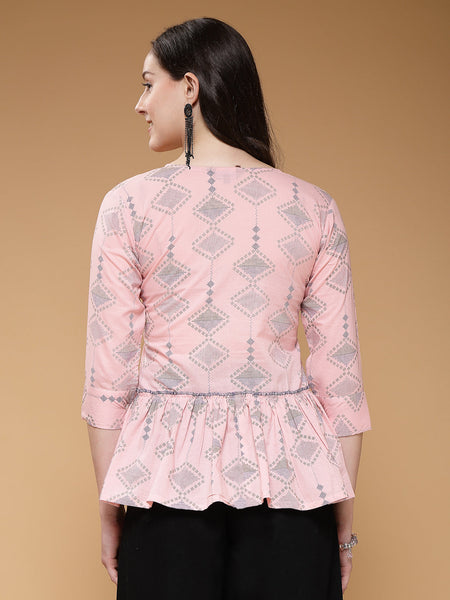 Indibelle Cotton Pink Abstract Print A-Line Top