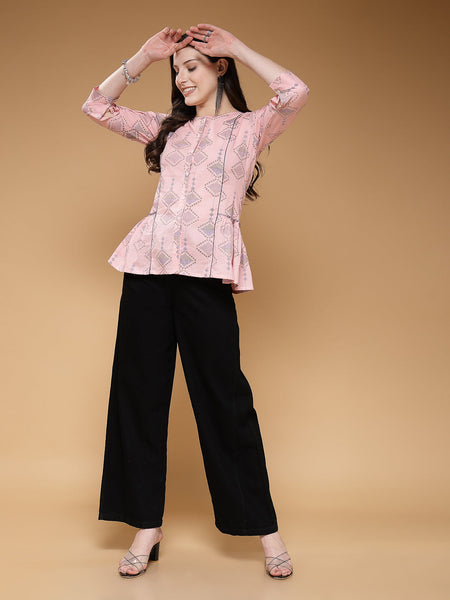 Indibelle Cotton Pink Abstract Print A-Line Top