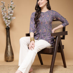 Indibelle Rayon Purple Abstract Print A-Line Top
