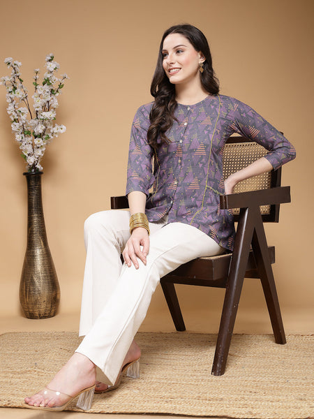 Indibelle Rayon Purple Abstract Print A-Line Top