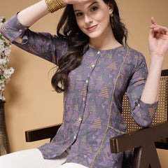 Indibelle Rayon Purple Abstract Print A-Line Top