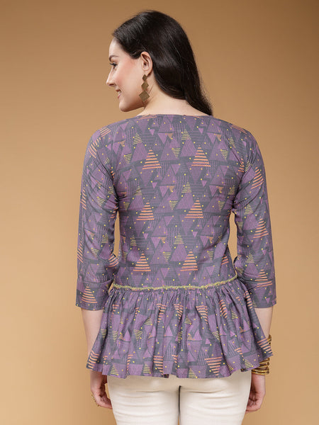 Indibelle Rayon Purple Abstract Print A-Line Top