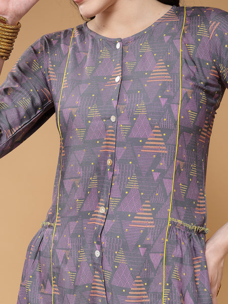 Indibelle Rayon Purple Abstract Print A-Line Top