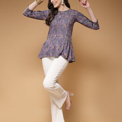 Indibelle Rayon Purple Abstract Print A-Line Top