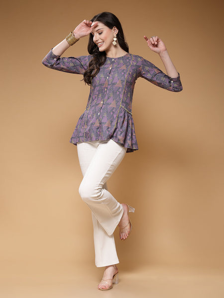 Indibelle Rayon Purple Abstract Print A-Line Top