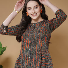 Indibelle Rayon Black Abstract Print A-Line Top