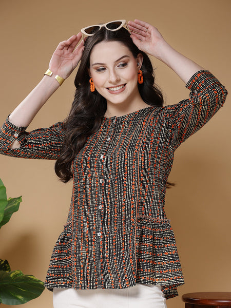 Indibelle Rayon Black Abstract Print A-Line Top