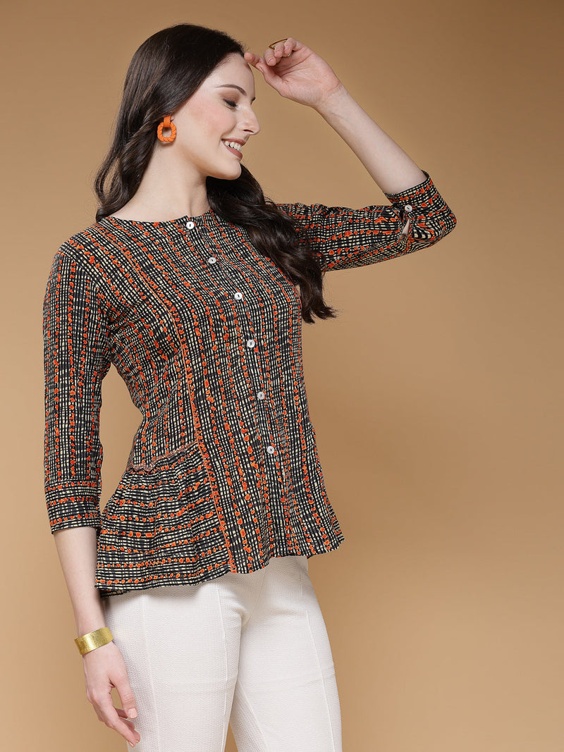 Indibelle Rayon Black Abstract Print A-Line Top