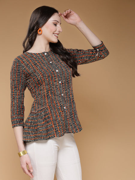 Indibelle Rayon Black Abstract Print A-Line Top