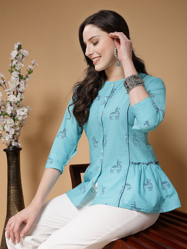 Indibelle Cotton Sky Blue Abstract Print A-Line Top
