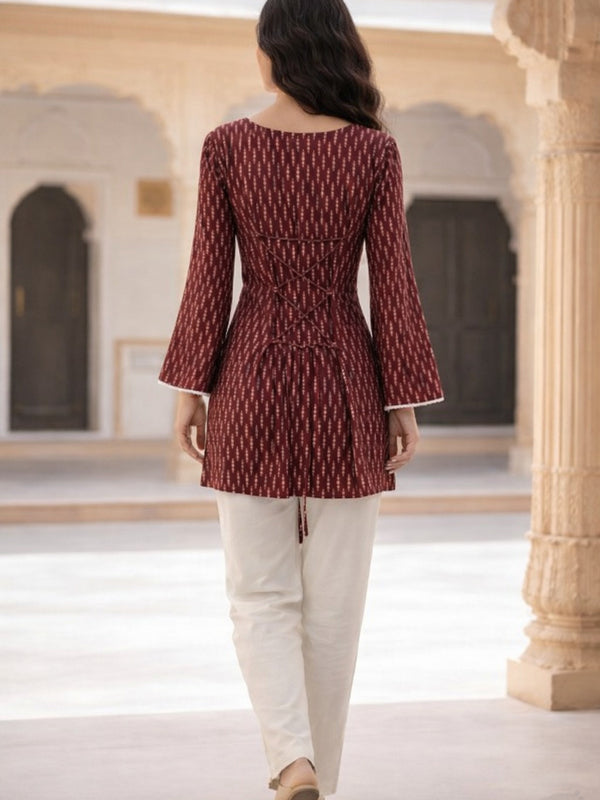 Indibelle Maroon Printed Cotton Short Kurti