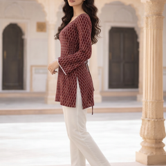 Indibelle Maroon Printed Cotton Short Kurti