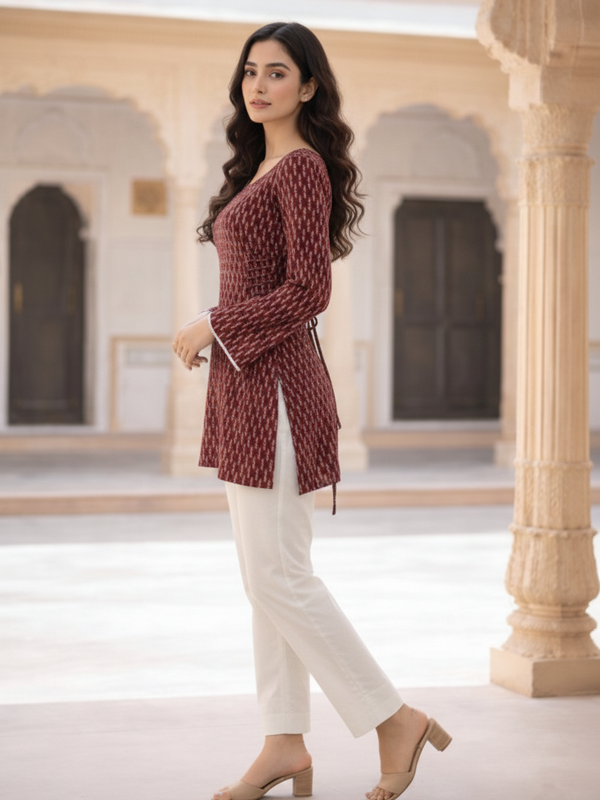 Indibelle Maroon Printed Cotton Short Kurti