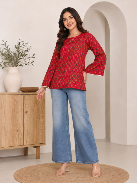 Indibelle Red Printed Cotton Short Kurti