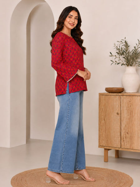 Indibelle Red Printed Cotton Short Kurti