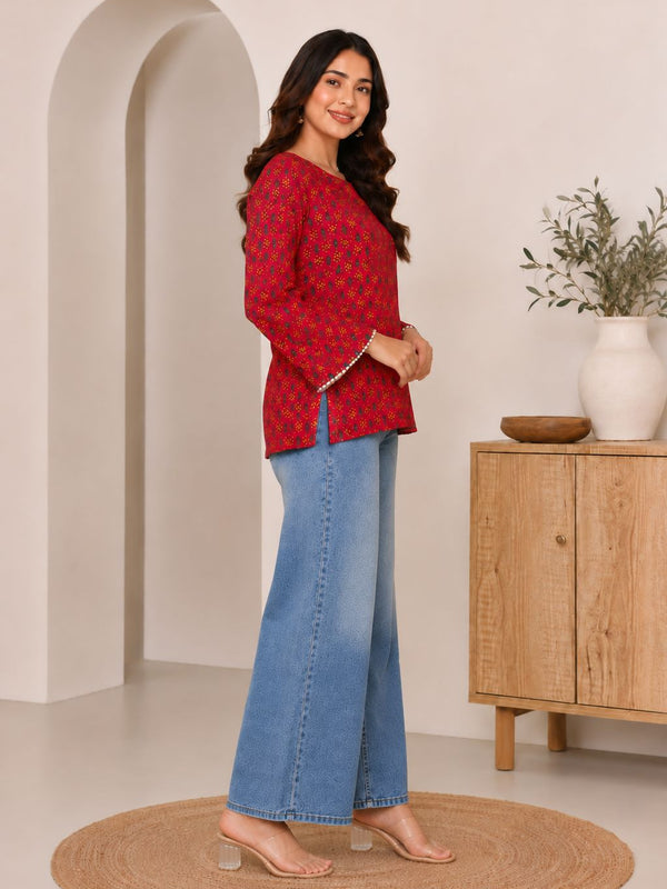 Indibelle Maroon Printed Cotton Short Kurti